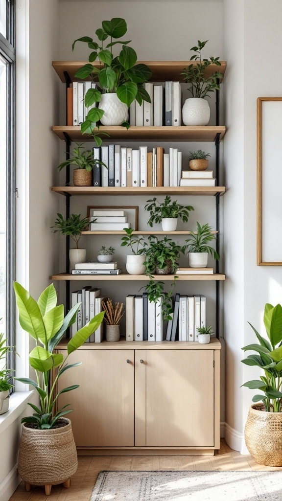 A stylish corner shelf filled with books and plants, enhancing the room's decor