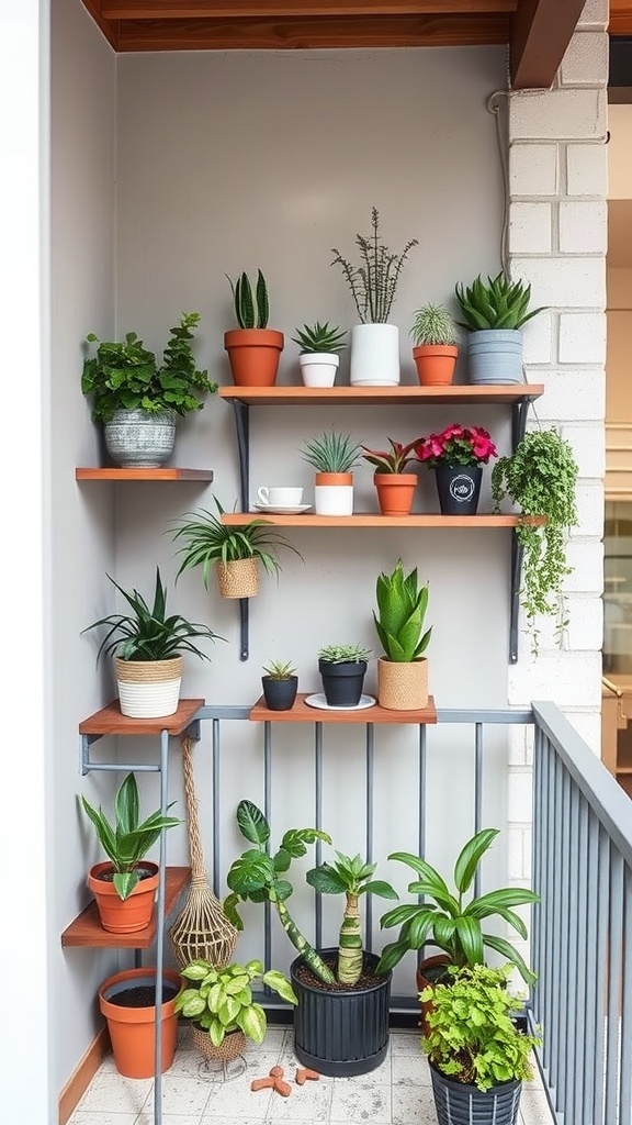 A small balcony with tiered wooden shelving displaying various potted plants.