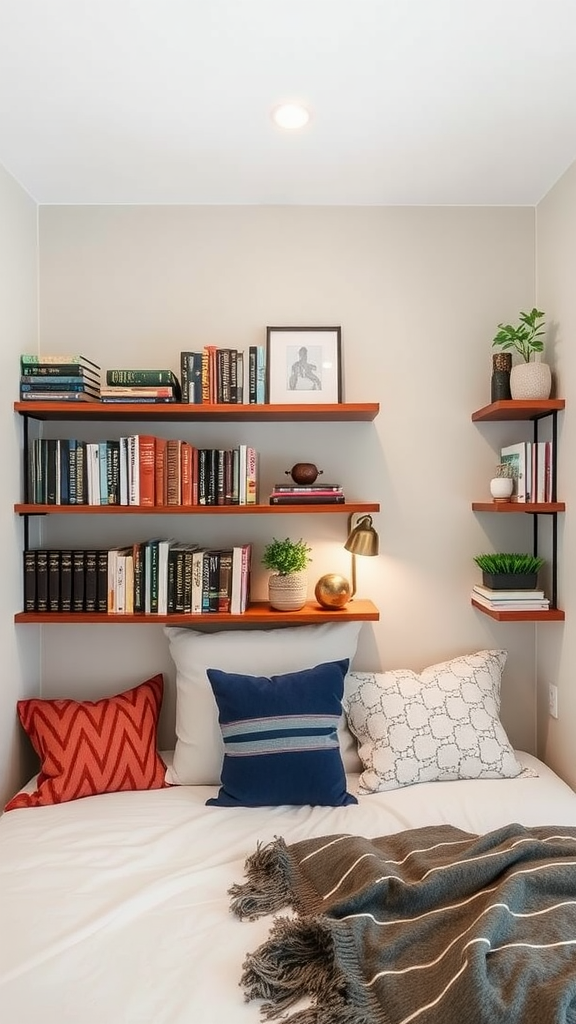 A cozy bedroom featuring wall-mounted shelves filled with books and decorative items, providing a stylish storage solution.