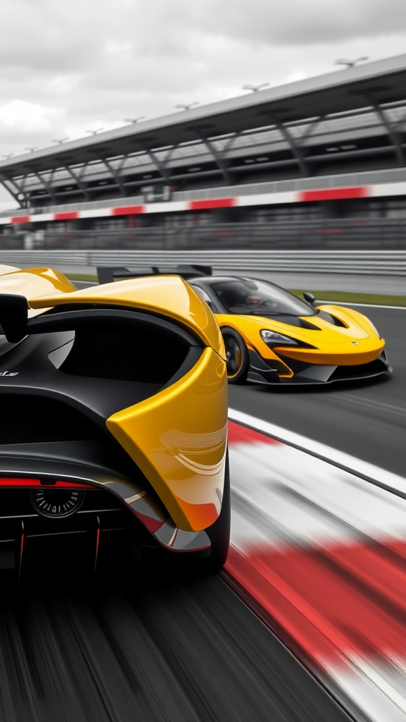 A McLaren Artura racing on a track with dynamic angles and sleek design