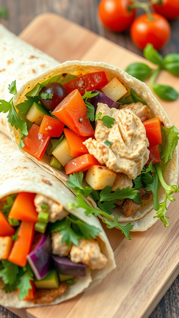 Mediterranean chicken wrap filled with colorful vegetables and hummus.