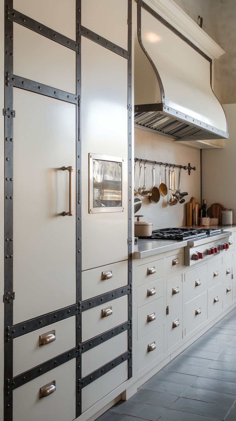 Stylish kitchen with modern metal accents and hardware on cabinets.