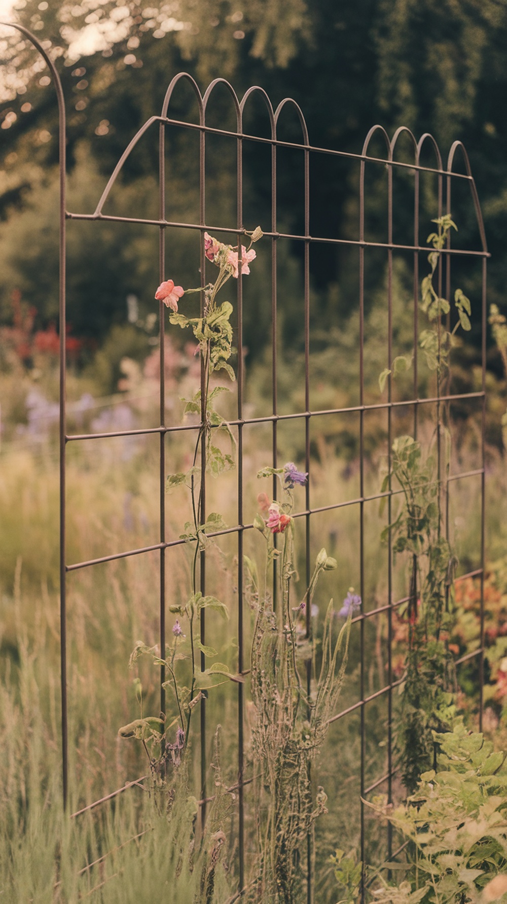 A metal trellis with climbing flowers surrounded by greenery