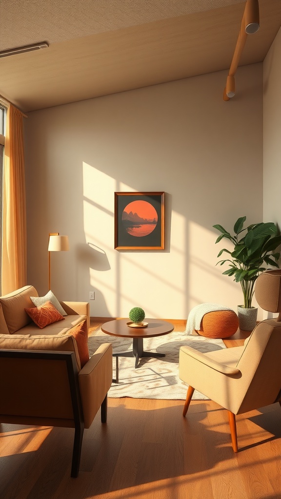 A mid-century modern lounge featuring beige furniture, a circular coffee table, and a sunset artwork on the wall.