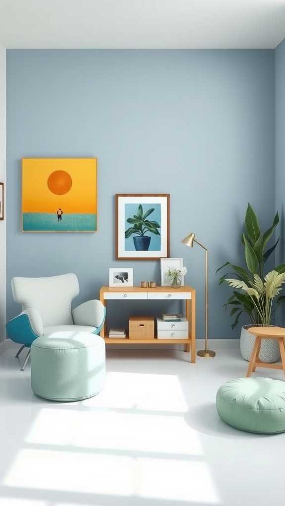 Minimalist room with soft blue walls, colorful artwork, comfortable furniture, and plants.