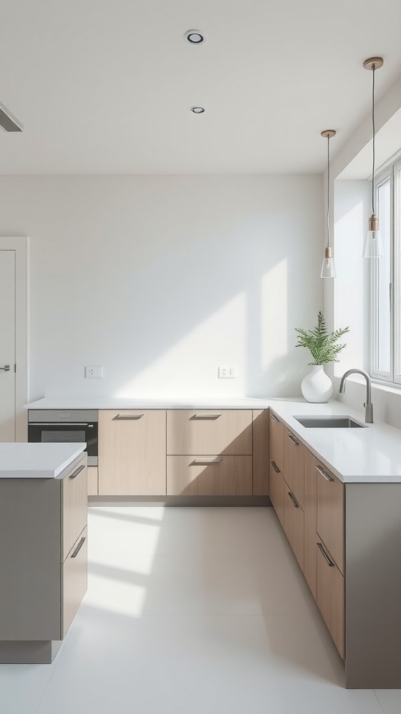 A minimalist kitchen featuring light wood cabinetry, white countertops, a corner sink, and natural lighting