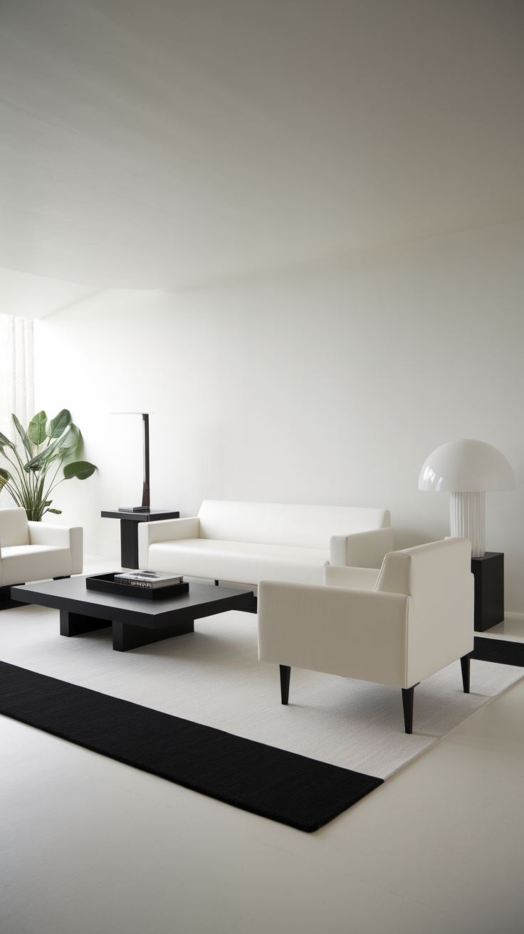 A minimalist black and white living room with clean lines, featuring white sofas, a dark coffee table, and a large plant.