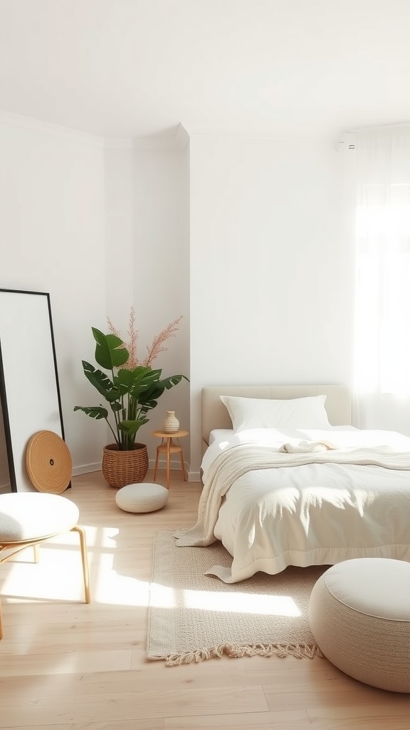 A minimalist bedroom featuring a cozy bed, light colors, natural light, and a large plant.