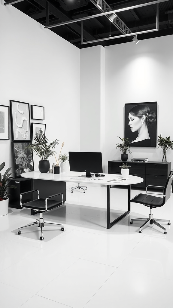 Minimalist office space with black and white color scheme, featuring plants and artwork