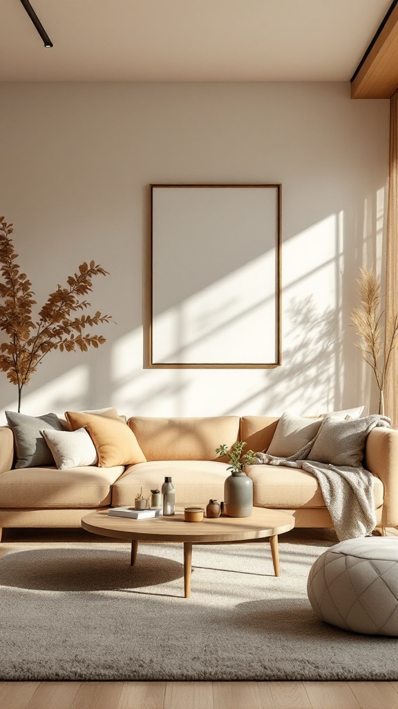 A warm minimalistic living room featuring a beige sofa, cozy pillows, a light wood coffee table, and plants.