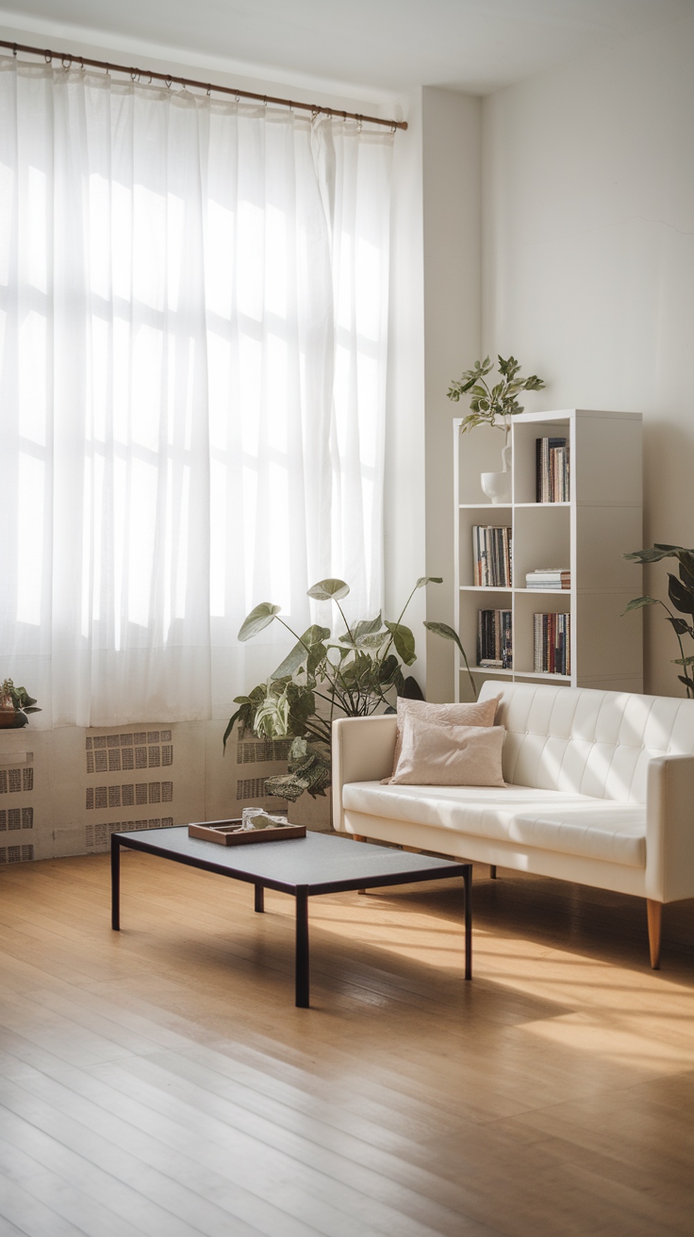 A minimalist Scandinavian living room featuring a white sofa, light curtains, plants, and a simple coffee table.