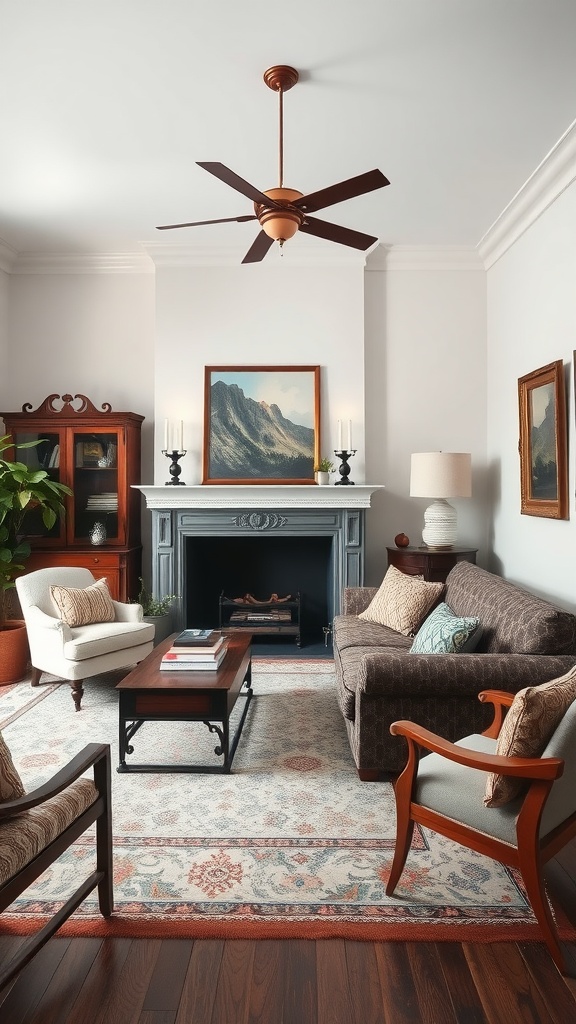 Cozy living room with a mix of vintage and modern furniture and decor