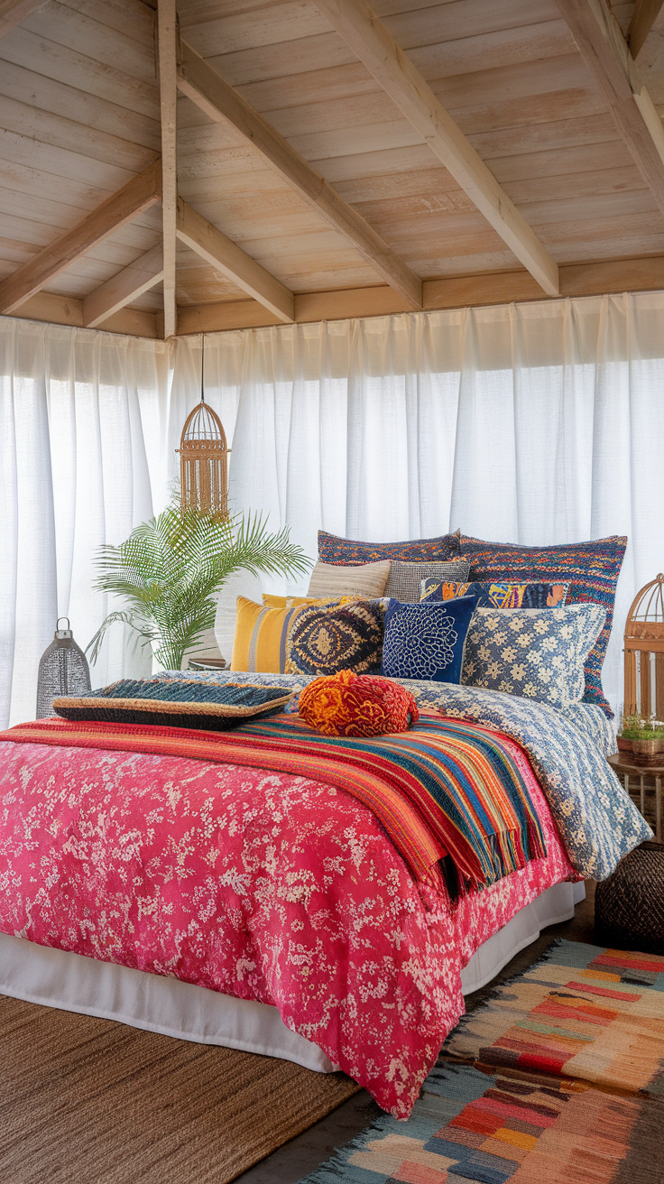 A colorful and styled bed with a floral pink duvet, various decorative pillows, and a cozy atmosphere.