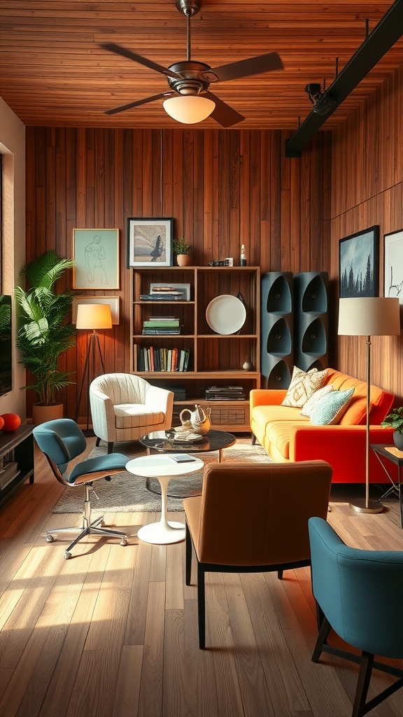 A stylish living room featuring a mix of modern and retro furniture, with wooden walls, a bright orange sofa, and a round white coffee table.