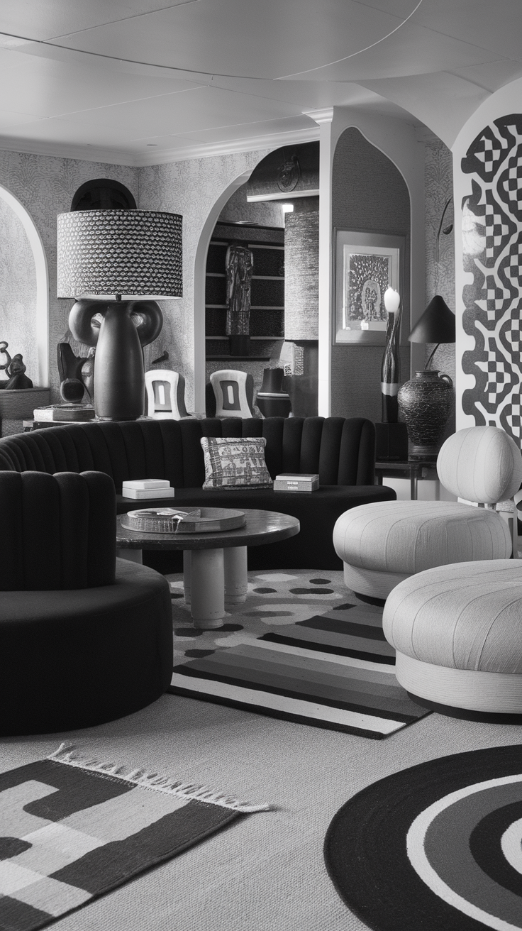 A stylish black and white living room featuring curved furniture, geometric patterns, and a cozy atmosphere.