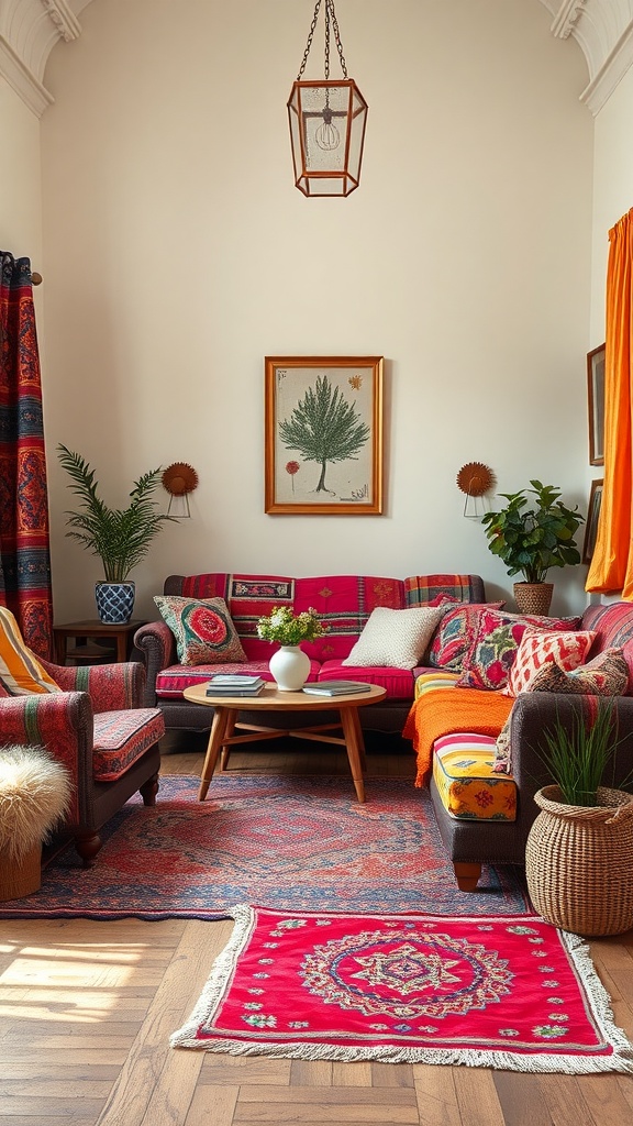 A colorful living room with layered textiles, featuring jewel tones and various patterns.