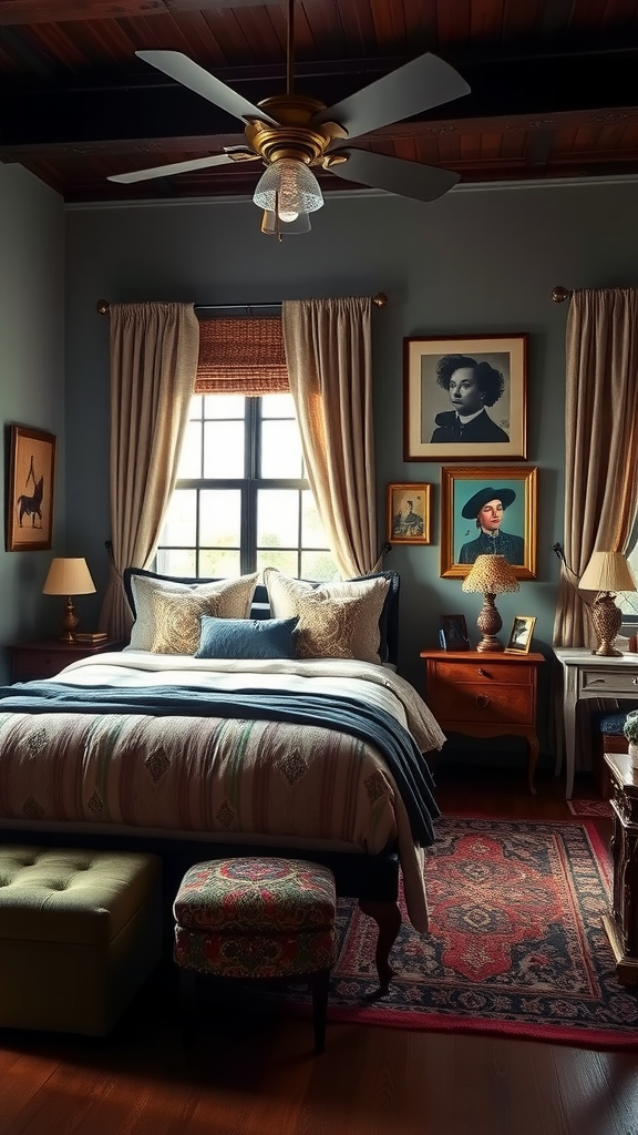 A beautifully arranged bedroom featuring a mix of vintage and modern decor, with a Pottery Barn style bed, accent pillows, and decorative lamps.