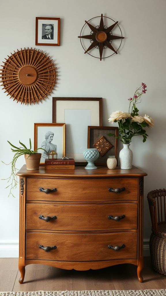 A wooden dresser topped with vintage and modern decor, including vases, framed pictures, and a plant.