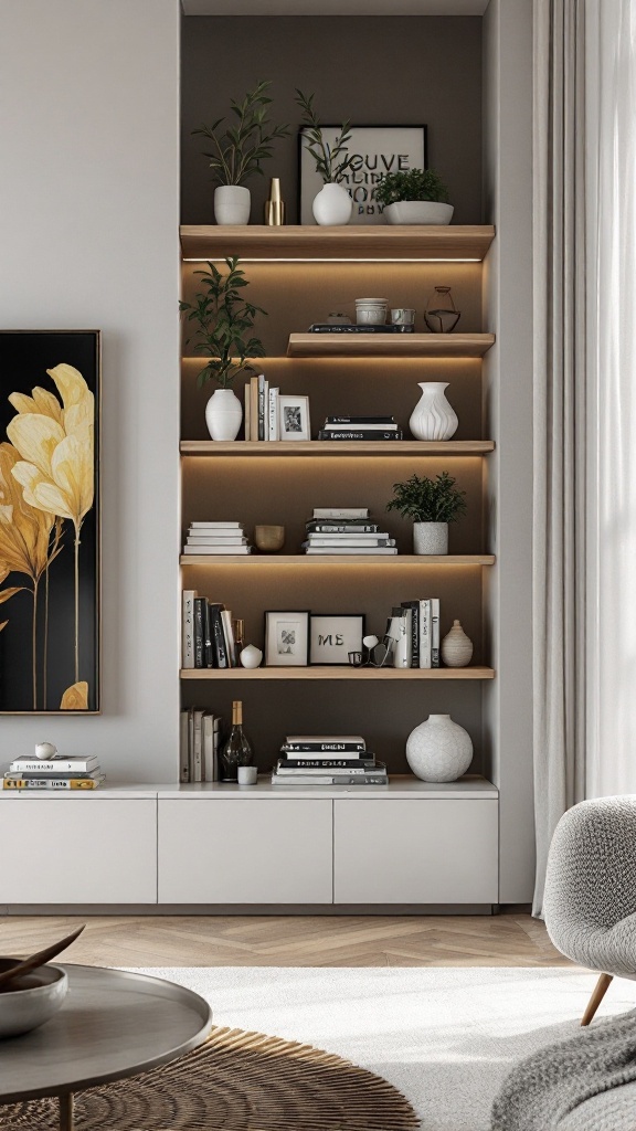 Modern corner shelf displaying plants and decorative items