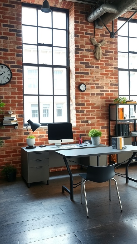 A modern industrial office space with exposed brick walls, large windows, and a sleek desk setup.