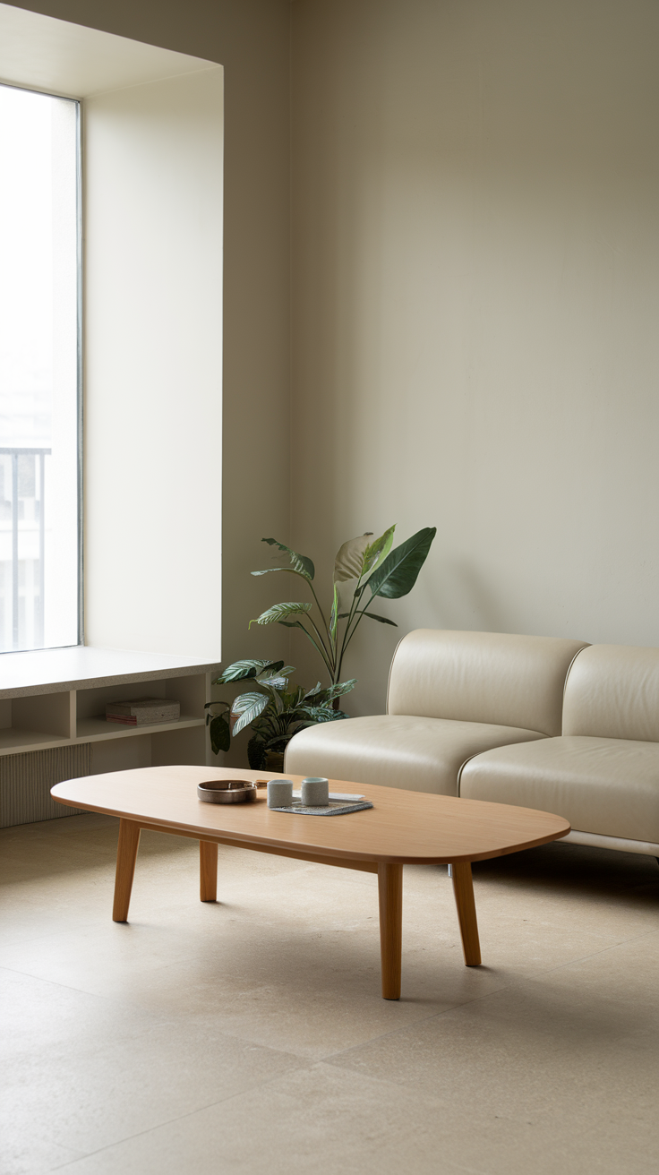 A minimalist living room with a light-colored sofa, a wooden coffee table, and a plant by the window.