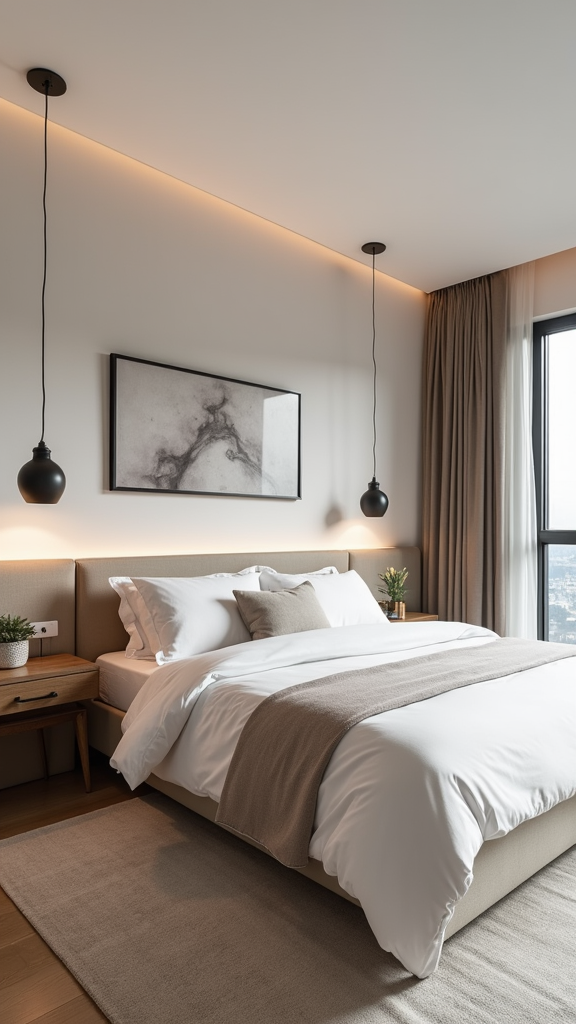 Modern minimalist bedroom with a full bed, soft lighting, and stylish decor.