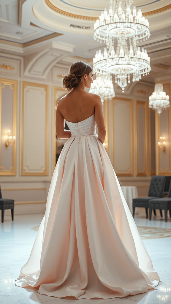 A woman in a modern taffeta ball gown stands in an elegant room with chandeliers.