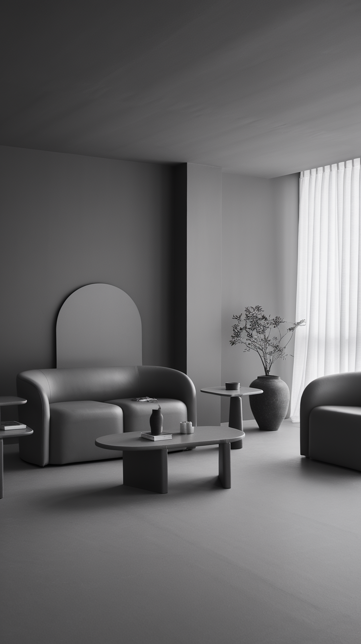 A modern living room featuring all gray tones with curved furniture and minimal decor.