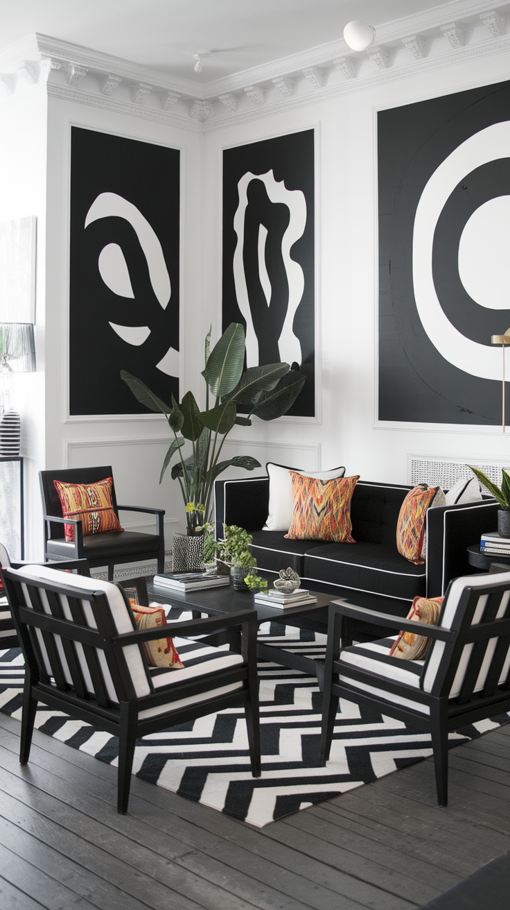 A stylish black and white living room with bold art pieces, patterned rug, and colorful cushions.