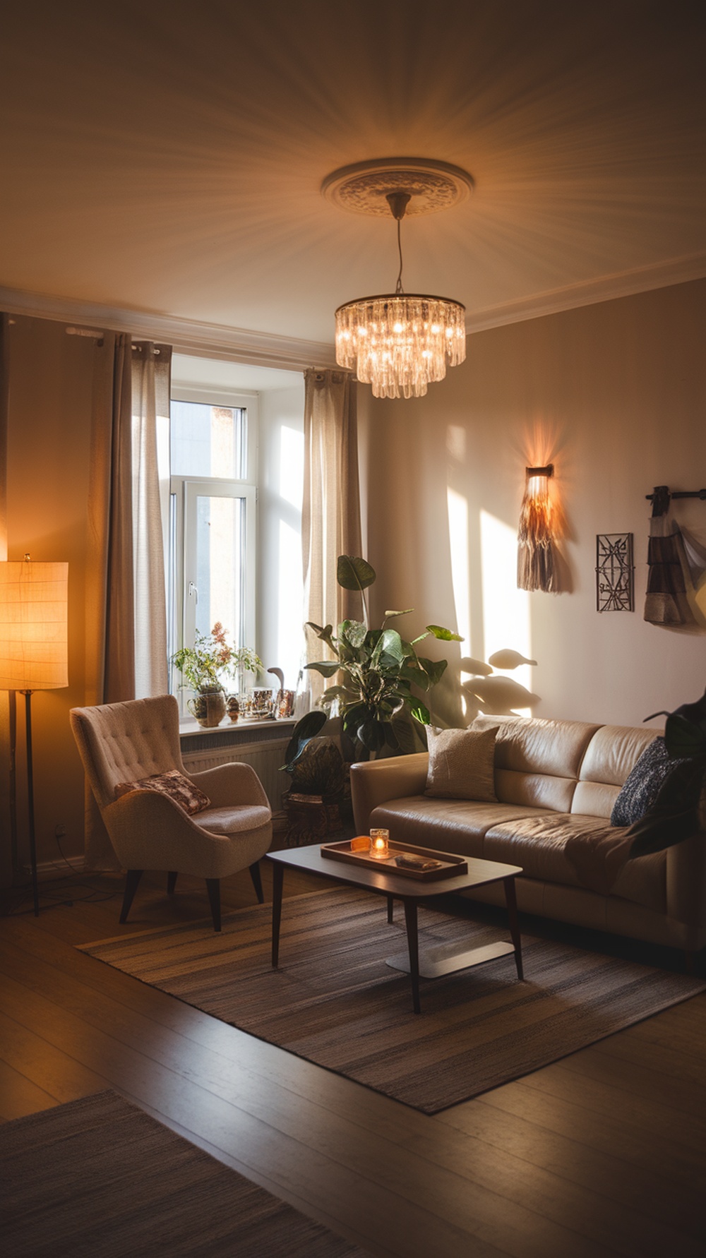 A cozy living room featuring a chandelier, floor lamp, and plants, creating a warm and inviting atmosphere.