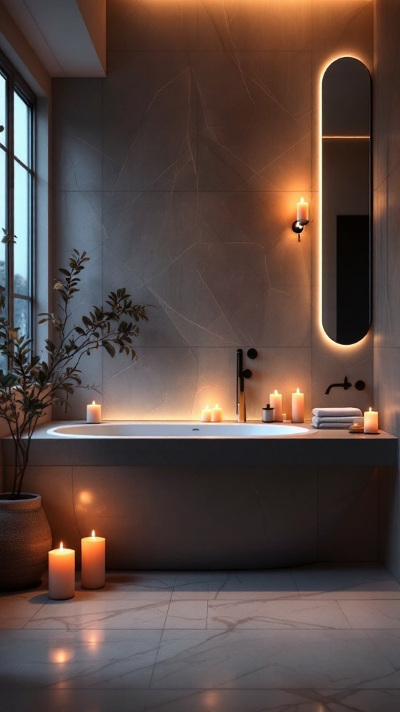 A stylish bathroom with soft candlelight and backlighting, creating a relaxing atmosphere.