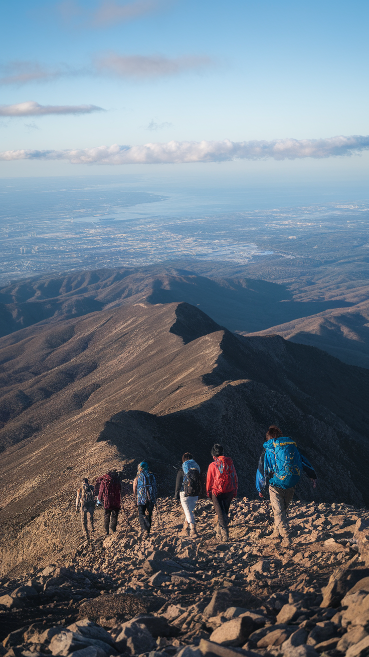 A group of hikers walking down a rocky ridge on Mount Jinba, with distant hills and a clear sky in the background.