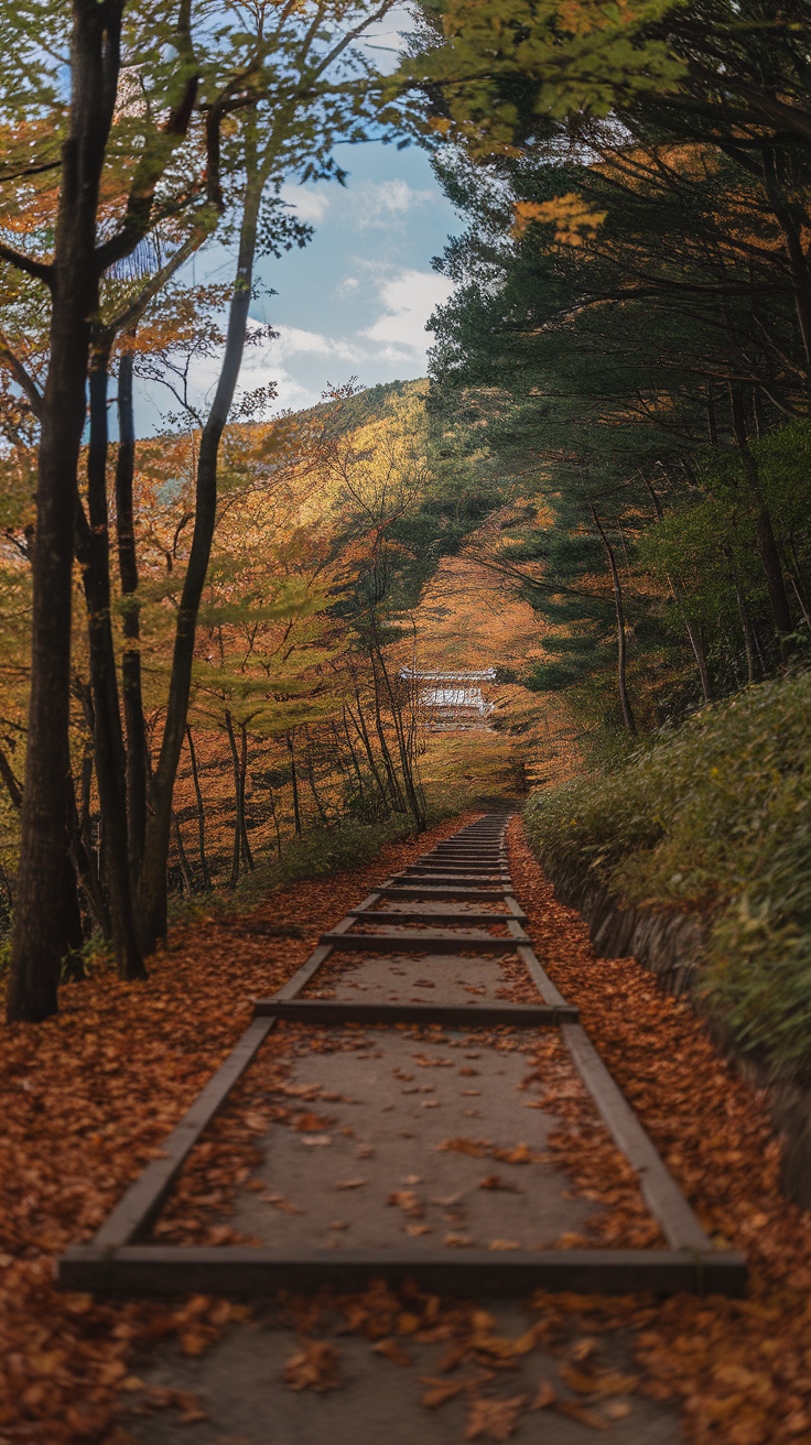 A forest trail at Mount Mitake lined with autumn leaves and trees.