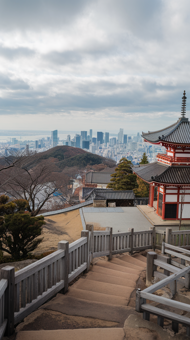 View from Mount Takao showing a temple and Tokyo skyline