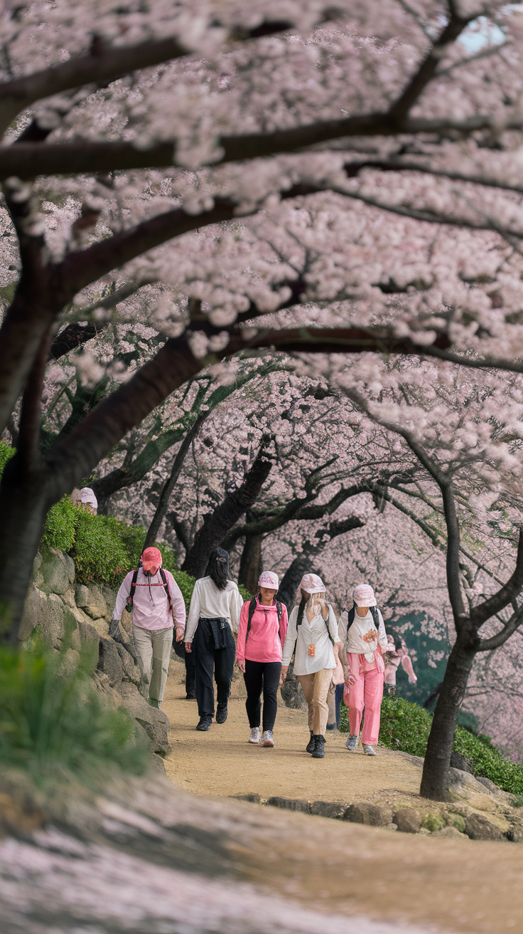 Group of people walking on a trail lined with pink cherry blossom trees.