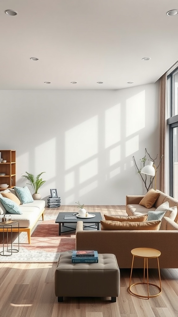 A modern living room with multi-functional furniture and a bright, airy atmosphere.