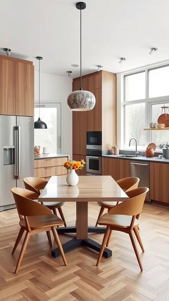 A modern kitchen with a wooden dining table, stylish chairs, and contemporary appliances.