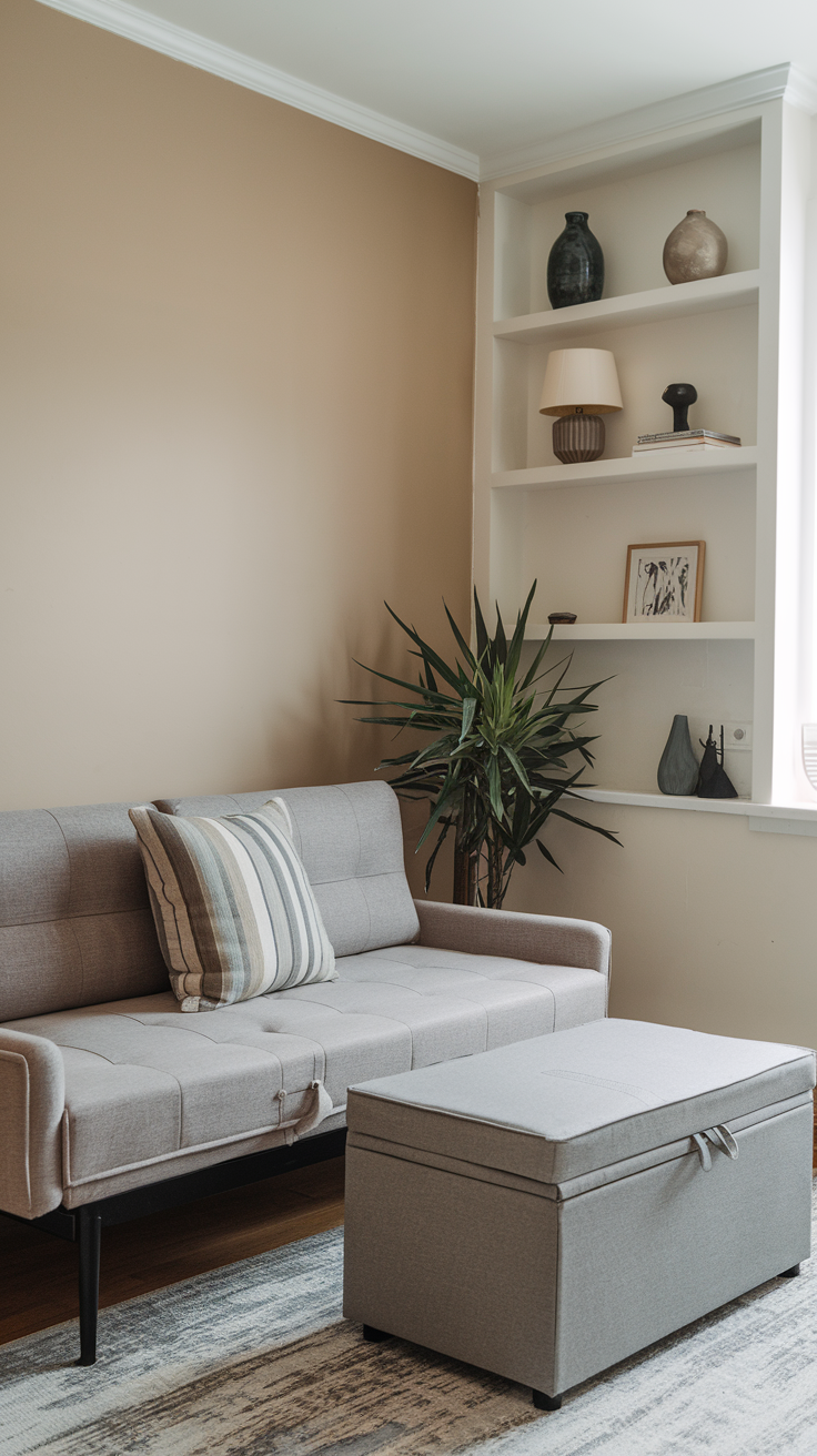 A cozy living room with a gray sofa, striped pillow, and a multifunctional ottoman for storage.