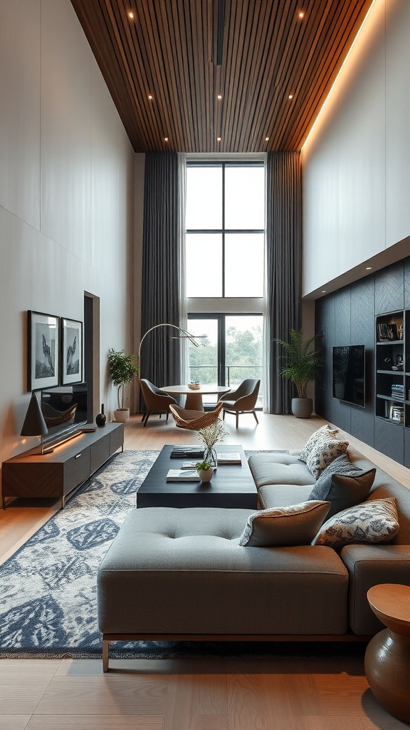 A luxurious living room featuring a spacious layout with large windows, a modern sectional sofa, and a stylish coffee table.