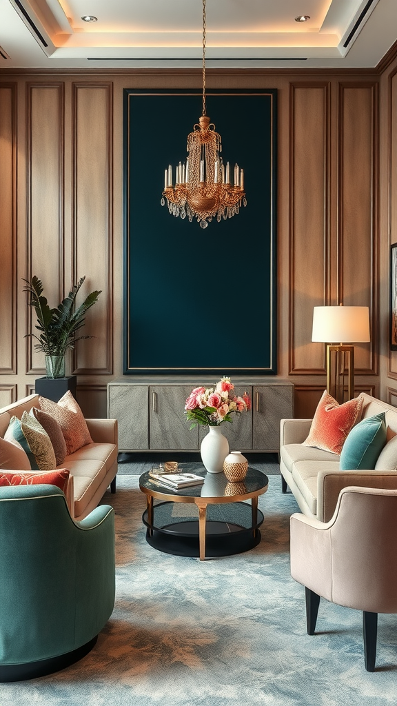 Elegant living room featuring muted jewel tones and a chandelier