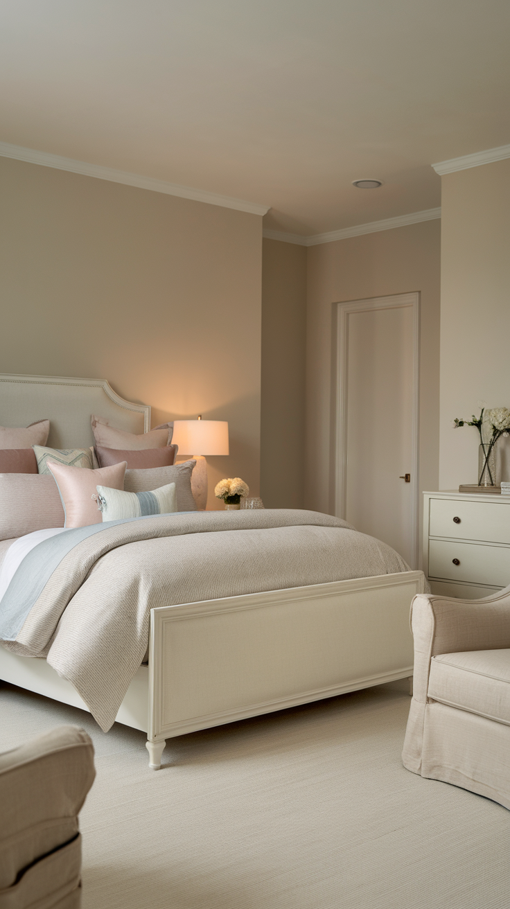 A cozy bedroom featuring a muted color palette with pastel shades, showcasing a beautifully made bed and soft lighting.