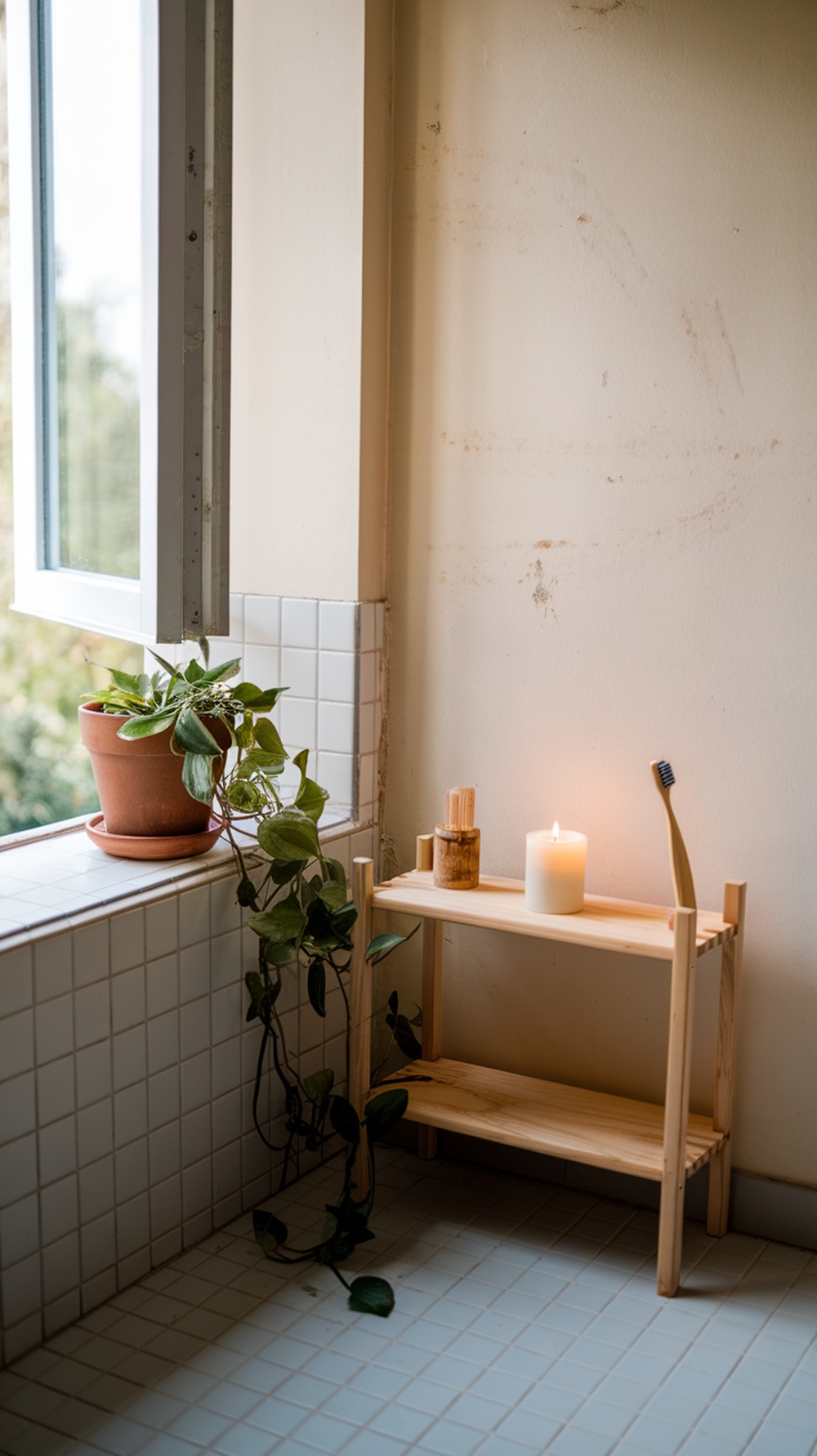 A corner of a bathroom featuring a potted plant, a wooden shelf with a candle, and a toothbrush holder, showcasing natural elements.
