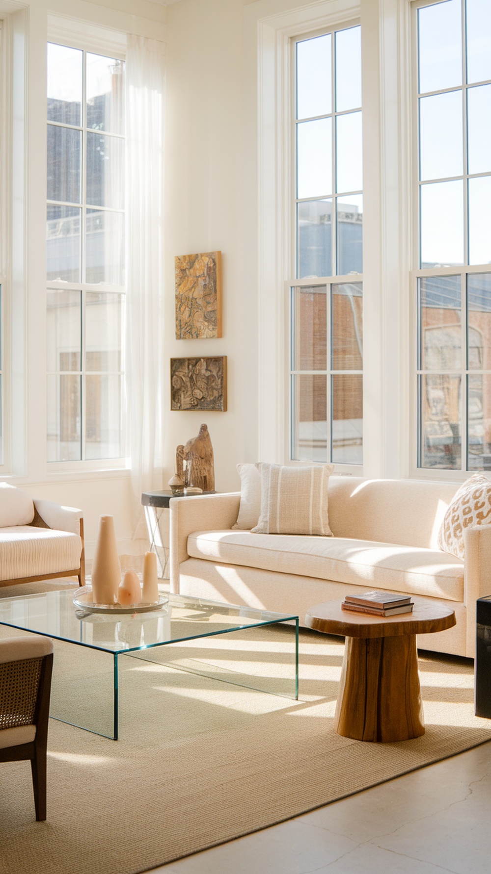 A well-lit living room with large windows, light-colored furniture, and wooden accents.