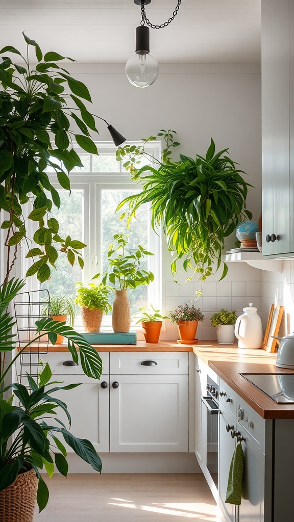 Bright kitchen with large window, plants, and cozy decor