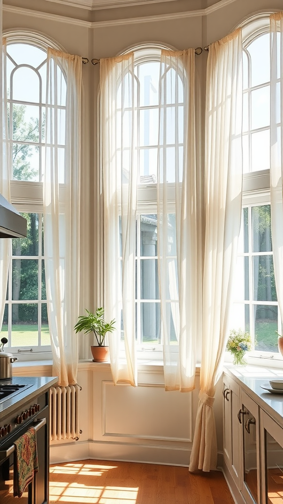 Bright and airy kitchen with large windows and sheer curtains