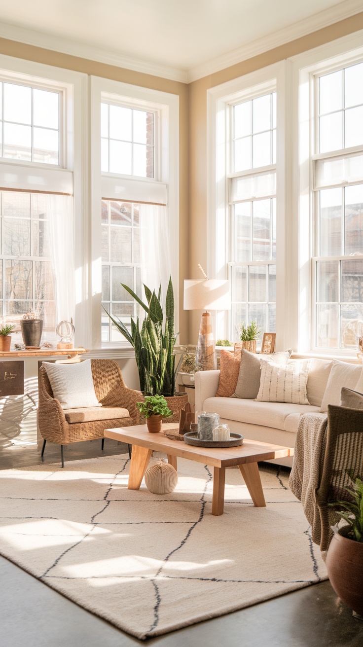 A bright and airy Boho living room showcasing large windows, plants, and neutral decor.