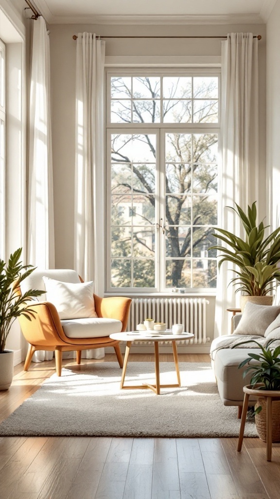 Bright and airy living room with large windows, neutral colors, and plants