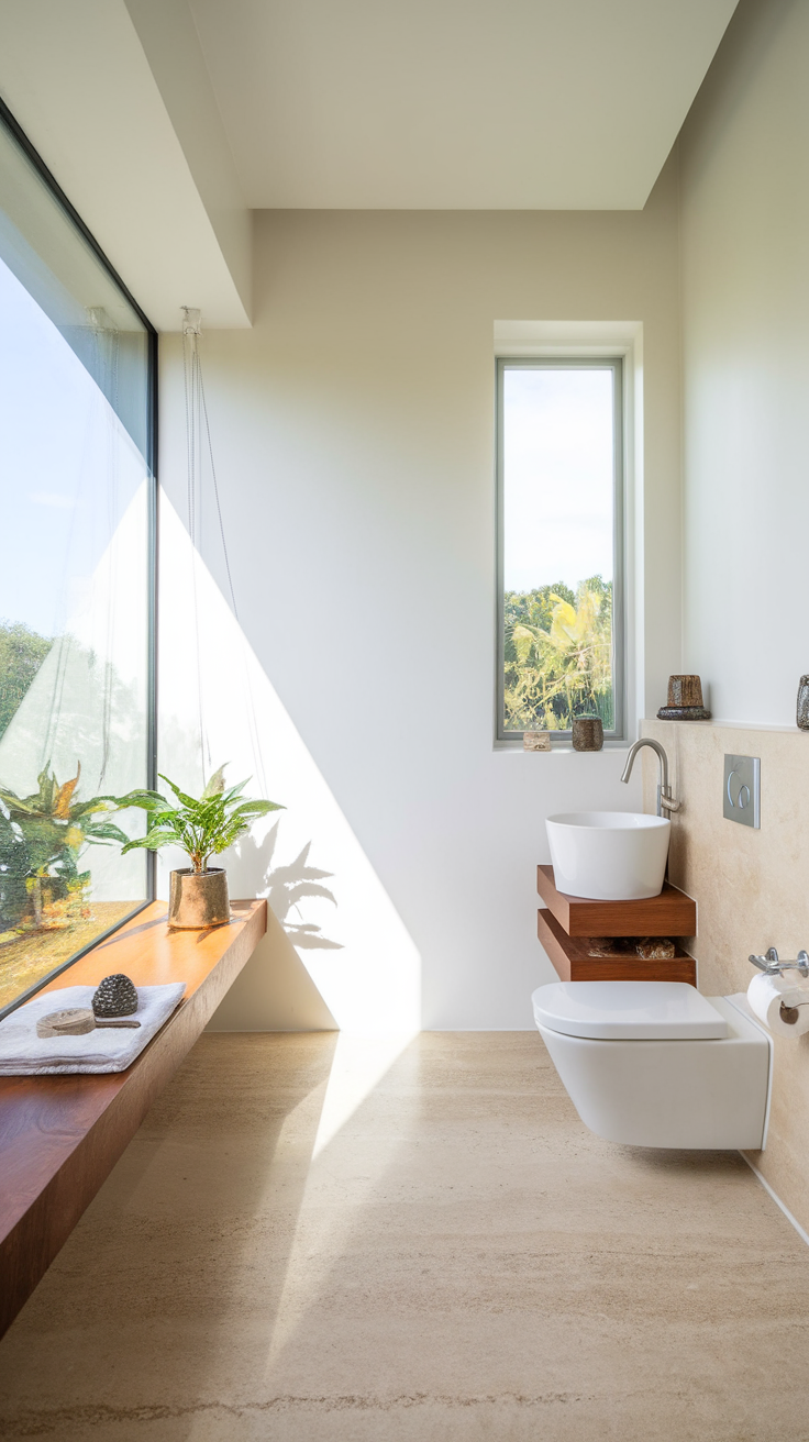 A modern bathroom featuring large windows, light marble flooring, and elegant decor.