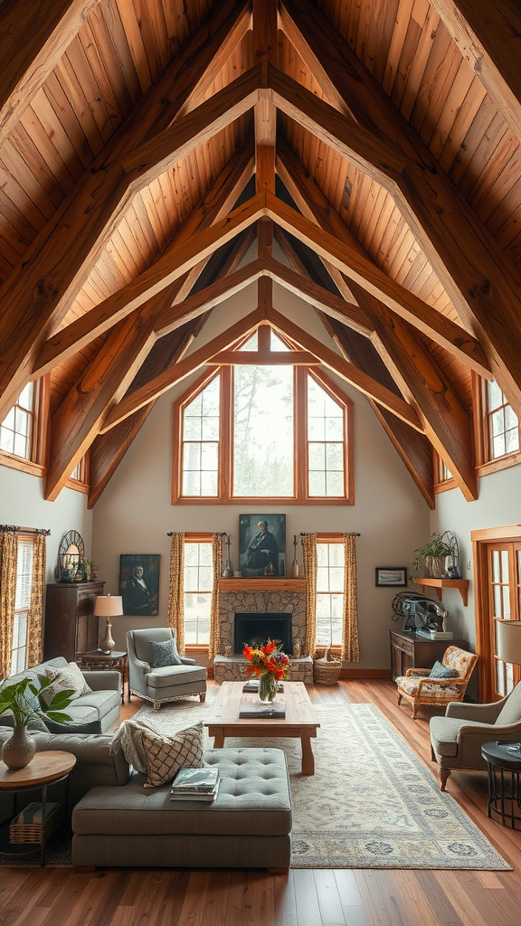 A modern living room featuring a high wooden ceiling with triangular beams, large windows, and comfortable seating.