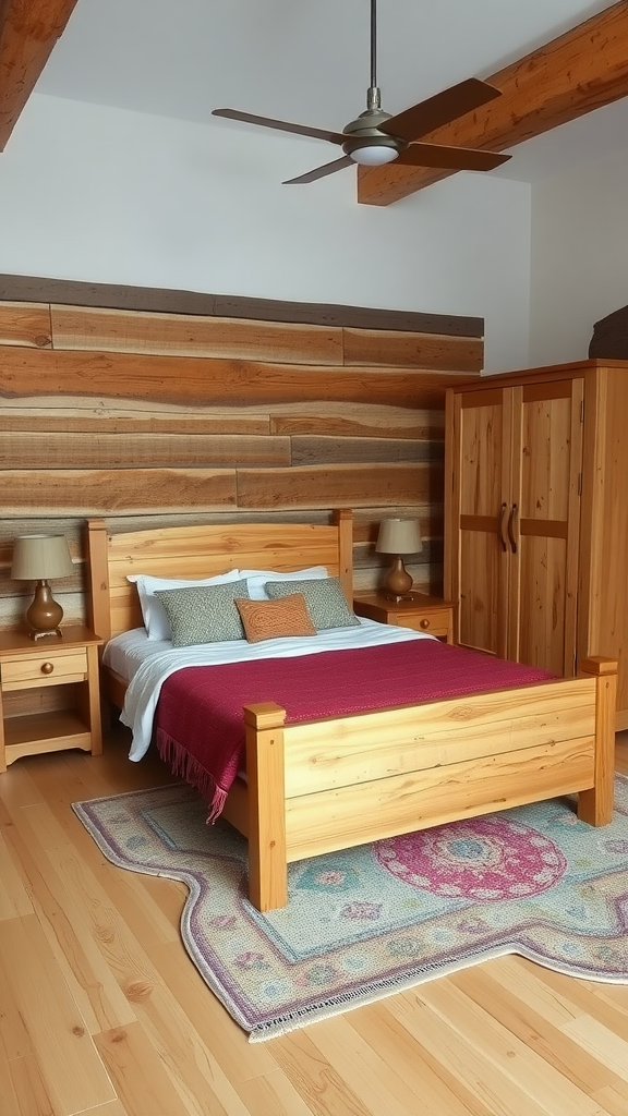 A cozy bedroom with natural wood furniture, featuring a wooden bed frame, nightstands, and a warm color palette.